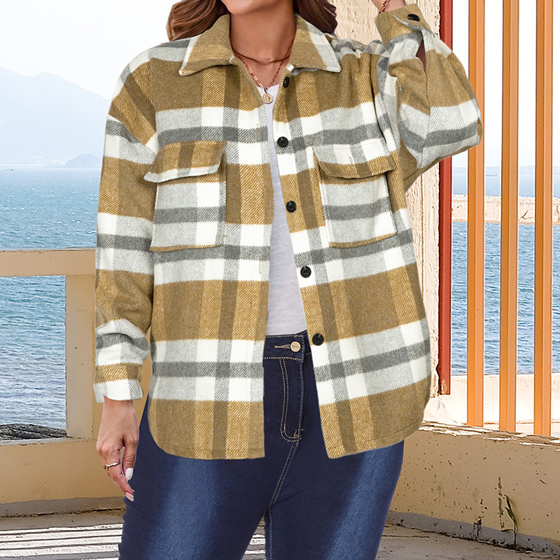 Großer Damen-Herbst- und Wintermantel mit langen Ärmeln und lockerem Karomuster_voghion.com