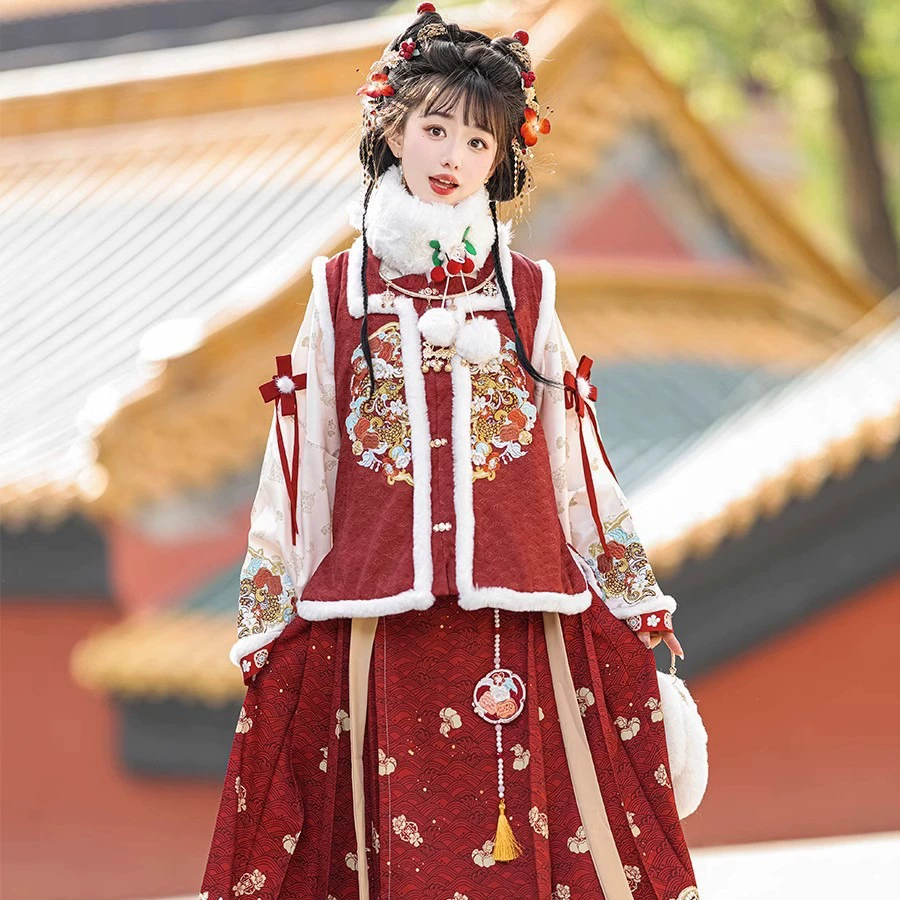 Цветок персика Оригинальное chuangming Hanfu Женская утолщенная Новогодняя одежда в китайском стиле Bijia жилет платье древний костюм полный комплект