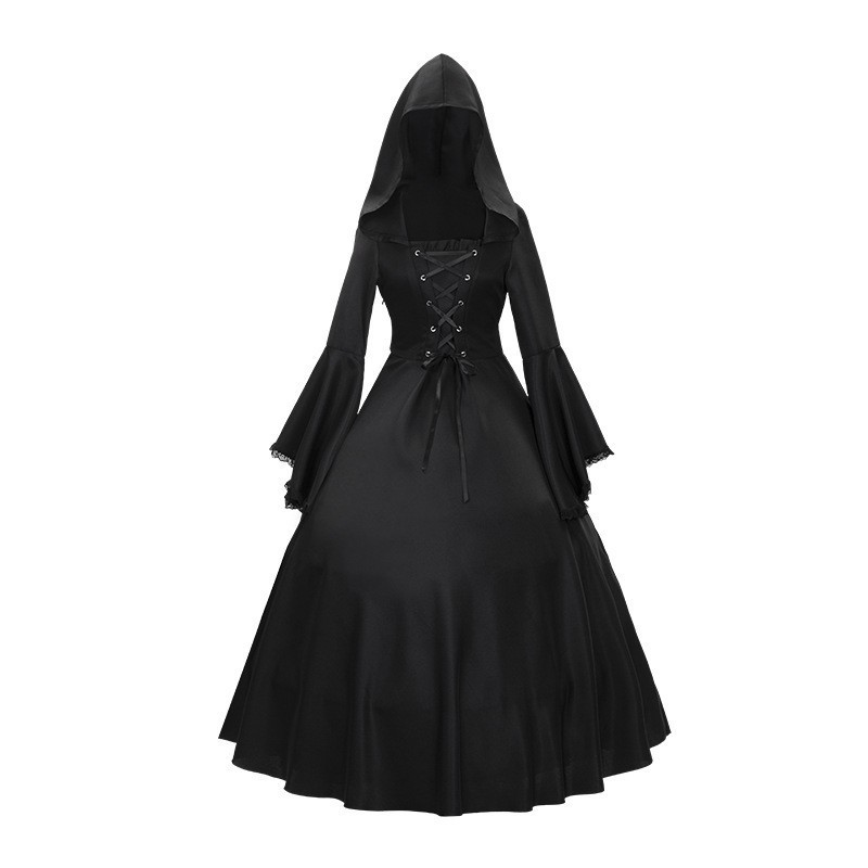Halloween Dress with Square Neckline, Tie Waist, Flared Sleeves, Court-Style, Artistic Retro Long-Sleeve, Extra-Large Hem, Long Dress Halloween Dress with Square Neckline, Tie Waist, Flared Sleeves, Court-Style, Artistic Retro Long-Sleeve, Extra-Large Hem, Long Dress