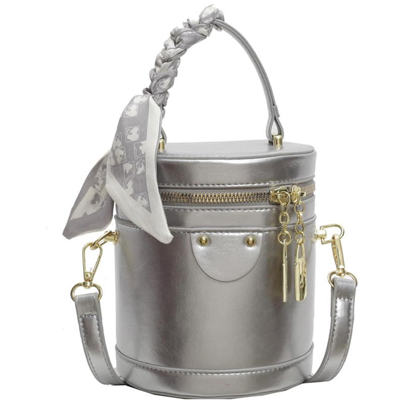 Cylindrical Bucket Crossbody Bag, Vegan Leather, Vintage Handbag, Small Top Handle, Casual Bag, Shoulder Designer Fashion