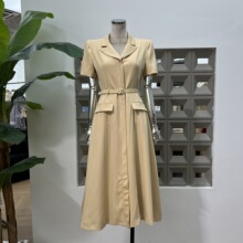 亚马逊2025新品简约别致直角肩短袖翻领收腰连衣裙秋夏气质职业装