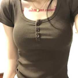 罗纹短袖t恤女2023夏季百搭小个子遮肉修身甜酷辣妹风短款上衣潮