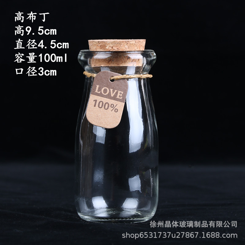卸売り100mlガラス布丁瓶厚手牛乳カップ耐高温ヨーグルト瓶木栓ガラス瓶許瓶瓶