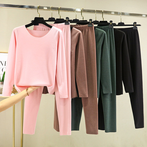 Winter Thicken Constant Temperature Slim Fit Solid Color Autumn Trousers Set Two-Piece Double-Faced Fleece Round Neck Warm Innerwear Set