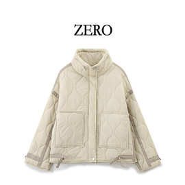 ZERO自制欧美风新款女装百搭立领新款时尚蝴蝶结饰棉服夹克外套