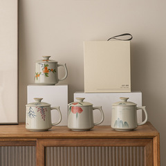 手描き草木灰オフィスカップ2点セット陶磁器蓋付き防塵カップ個人マグカップ文創伴手プレゼント