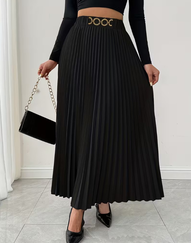 Vêtements pour femmes - Nouvelle jupe midi plissée polyvalente - Taille haute - Coupe trapèze_voghion.com