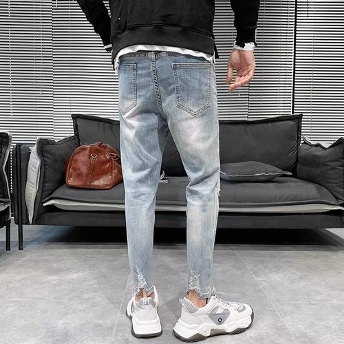 Selected Holey Jeans for Men - Rugged Style Summer Thin Version Streetwear Korean Version Nine-Eighth Body-Fitting Slim Pants