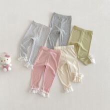 【不退不换】女童花边打底裤2026新款春季宝宝洋气纯色罗纹休闲裤
