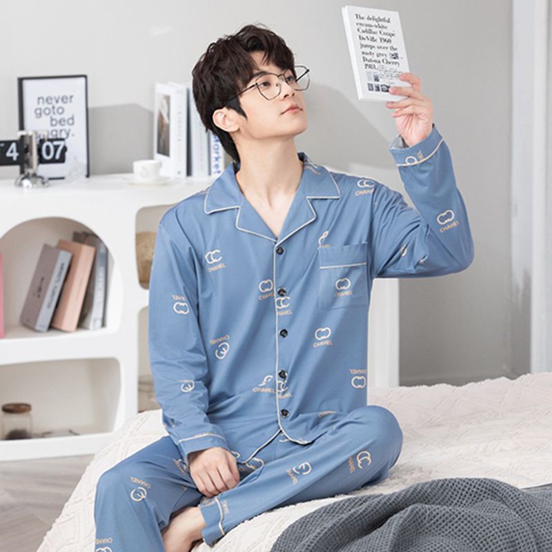 Pijamas de algodón de los hombres de primavera y verano Pantalones delgados de manga corta cardigan niños pueden usar fuera más tamaño homewear de verano