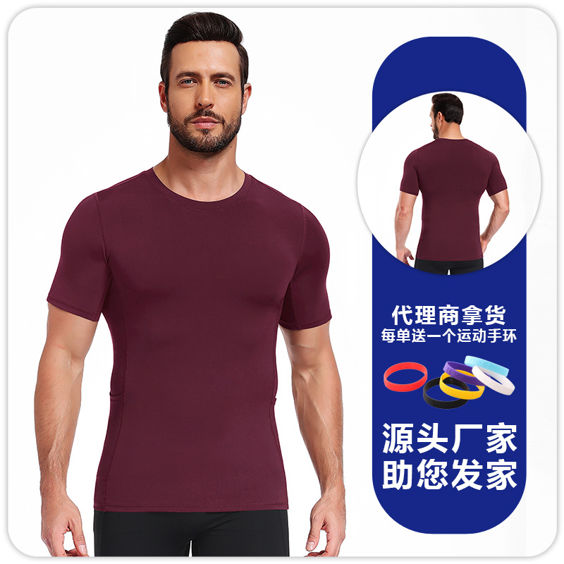 Camiseta de cuello redondo para hombre de doble bolsillo lateral de alta elasticidad y velocidad de secado transpirable camiseta de base deportiva de color sólido, delgada, manga corta image 9