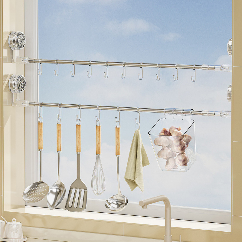 Suction Cup Kitchen Window Sill Hanging Rod Retractable Punch-Free Storage Rack with Hook Pot Spatula Rag Window Storage Rack