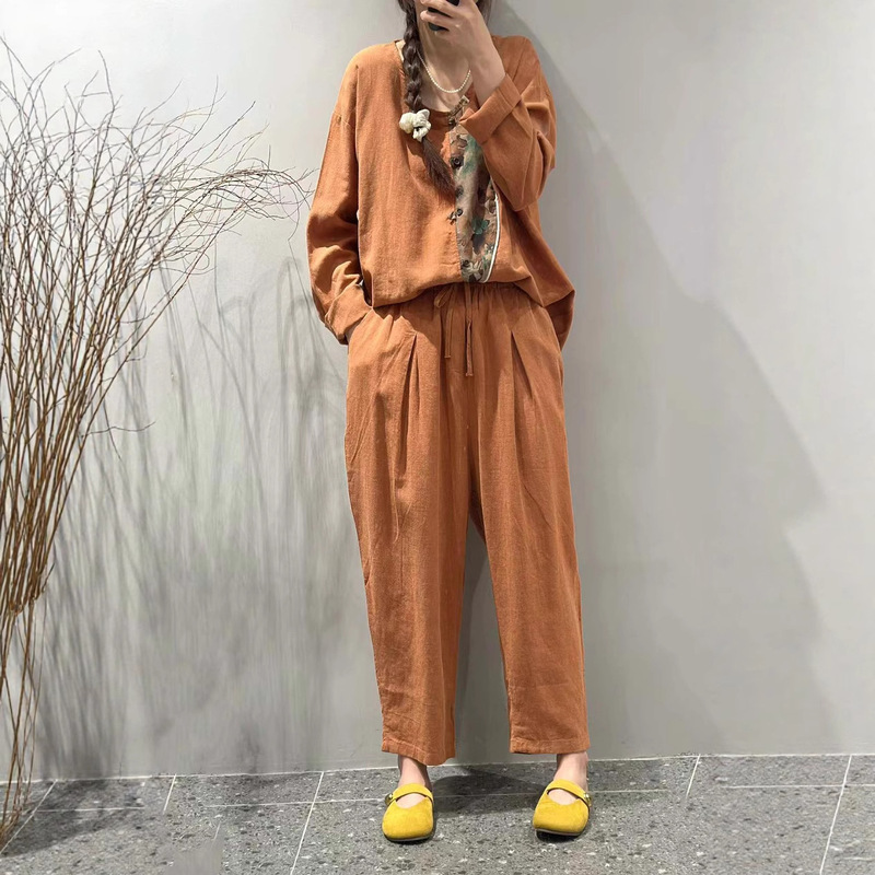 Cz25168 New Linen Round Neck Long-Sleeved T-Shirt Simple Elastic Waist Tie Casual Versatile Slimming Look Carrot Pants for Women