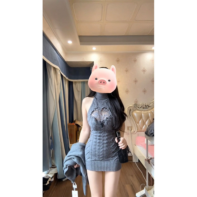 套装女2025秋冬新款纯欲高领镂空针织连衣裙收腰显瘦短裙针织开衫