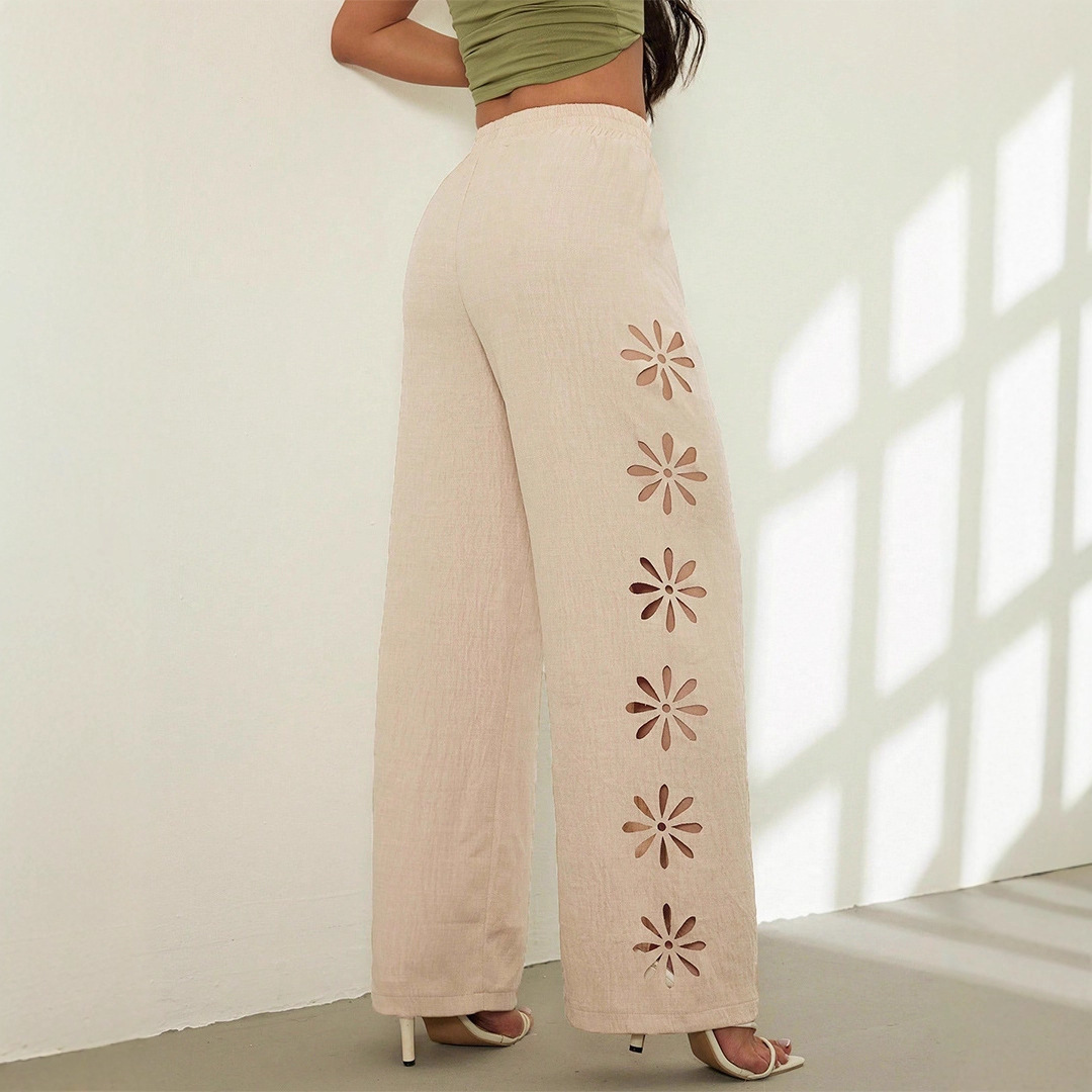 Women's Clothing Women's Casual Trousers Drawstring Hollow Out Solid Color Loose Wide Leg Pants Simple Style_ecoleips.com