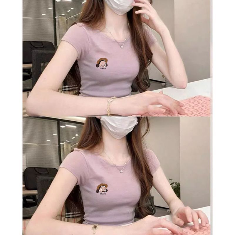 2025新款夏季粉紫色纯棉短袖T恤女独特超好看辣妹修身显瘦上衣|undefined