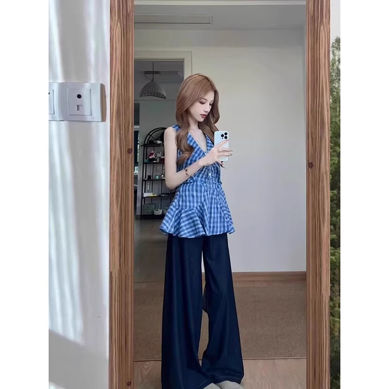 韓国スタイルのホルターネック V ネックノースリーブキャミソール女性の夏の新しいウエストデザイン気質チェック柄シャツトップ|undefined