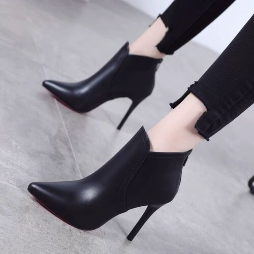 Women's Winter  New High Heel Slim Heel pointed toe short boots with back zipper comfortable moccasin boots with lining