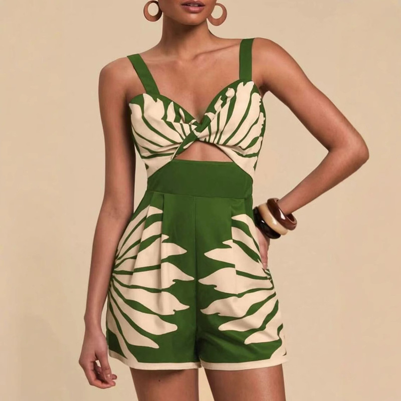 European and American 2025 New Summer Cross-Border Amazon Aliexpress Printed Casual Fashion Jumpsuit Shorts Suspender Women's Clothing