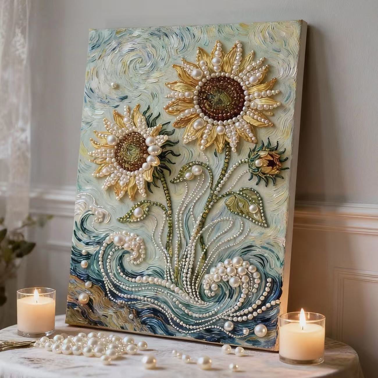 52c pearl sunflower / Comes with glue [30* 40cm nailed solid wood inner frame] + pearls + dotting pen + diamond plate + jelly glue