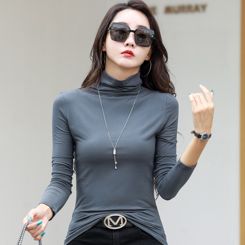 新款长袖t恤女装纯色弹力修身打底衫内搭女士T恤高领上衣体桖批发