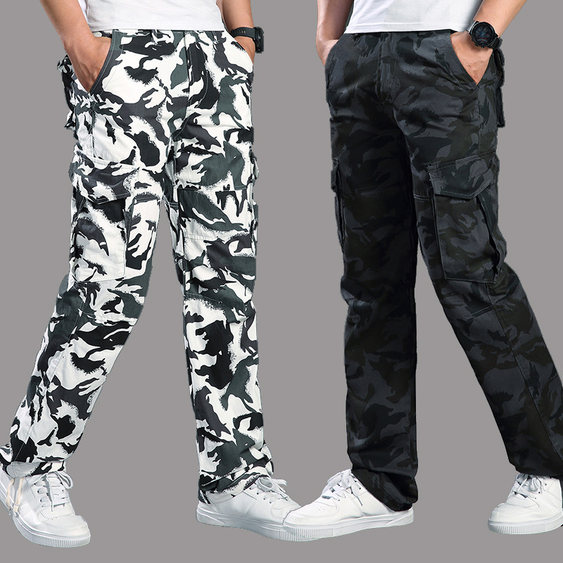 Spring and Autumn Camouflage Pants Men's Outdoor Loose White Camouflage Trousers Straight-Leg Multi-Flap Pocket Pants Cotton Casual Camouflage Cargo Pants