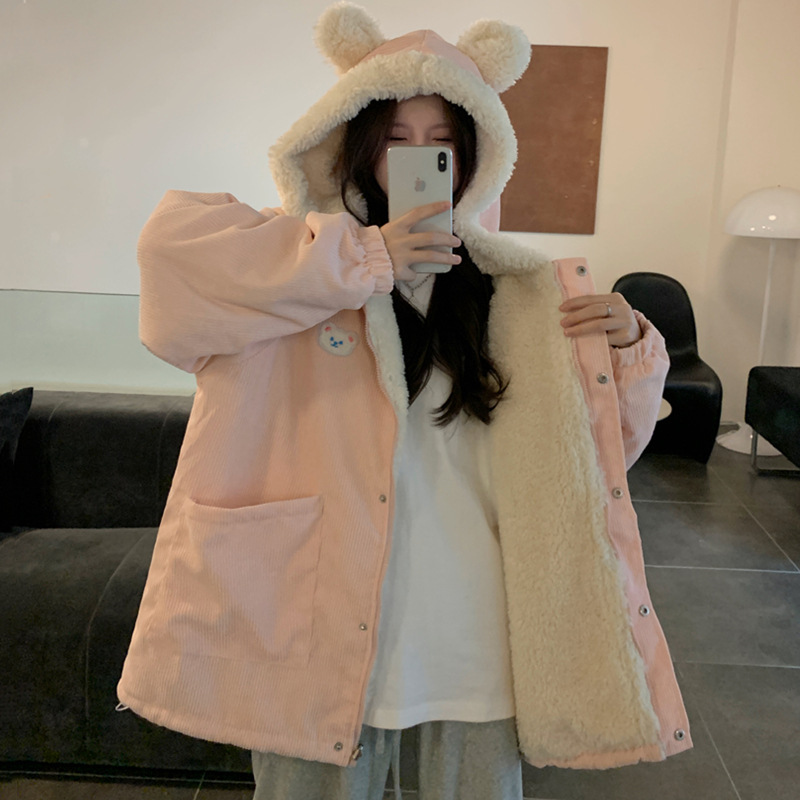 Lamb Wool Plush Jacket for Women in Winter New Style for Junior High School and High School Students, Cute Fleece-Lined and Thickeneded Cotton Jacket