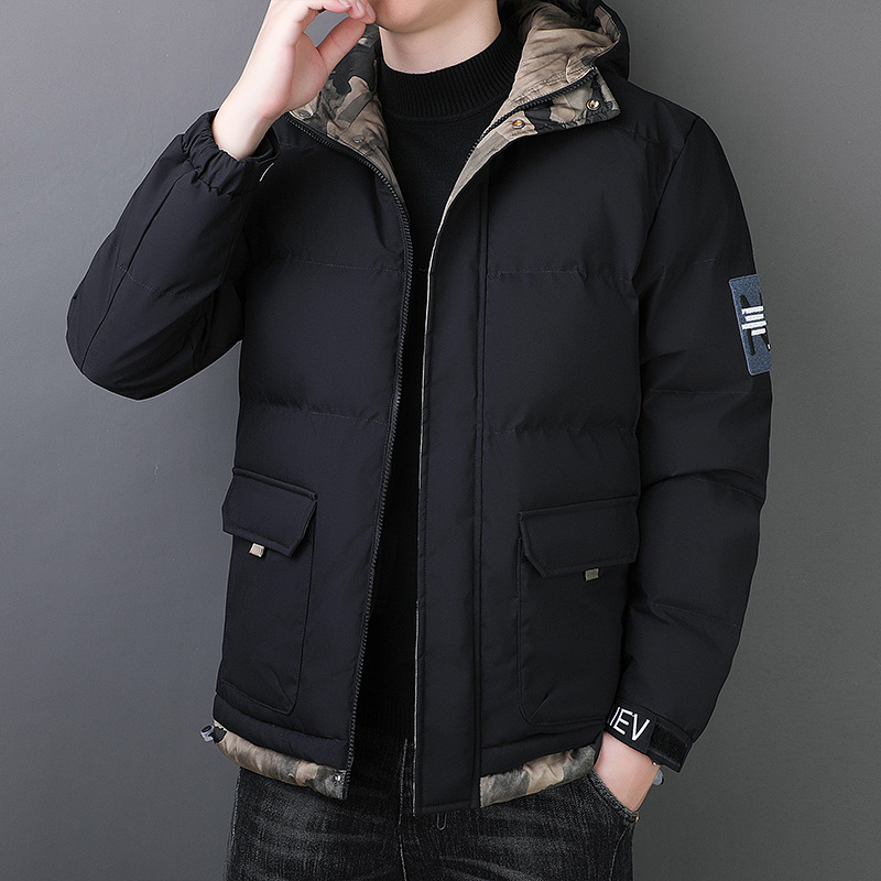 Invierno nuevos hombres de la moda casual con capucha de algodón acolchado abrigo cálido a prueba de viento de algodón-acolchado abrigo de moda negro de los hombres de moda más tamaño