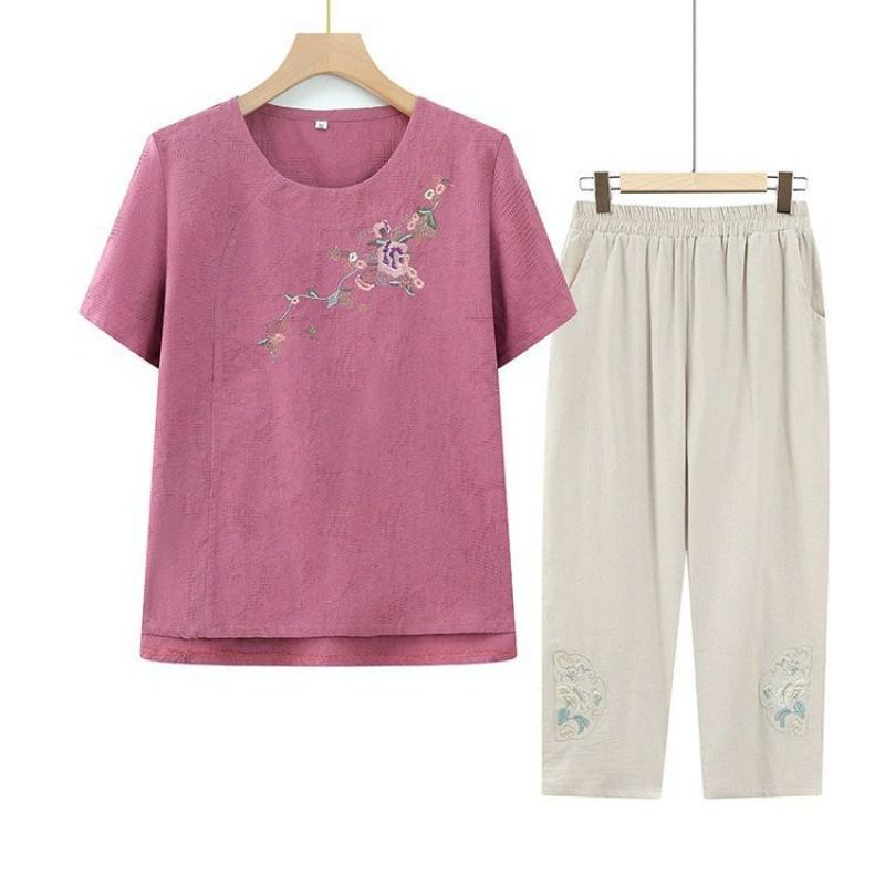 Летний костюм для мамы 2024, новые хлопчатобумажные и льняные топы для женщин среднего и пожилого возраста, летний стиль для бабушки, футболки с коротким рукавом