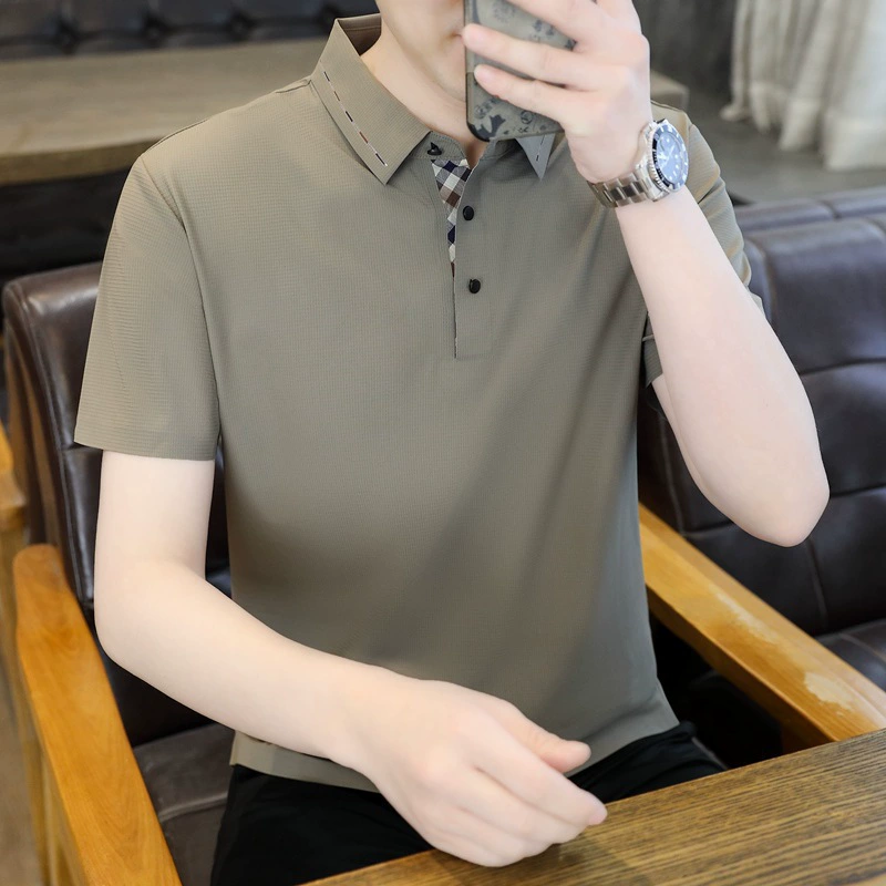 Летняя рубашка-поло BYBL2662 из ледяного шелка, бесшовная, деловой повседневный стиль, изысканный тонкий клетчатый топ, футболка