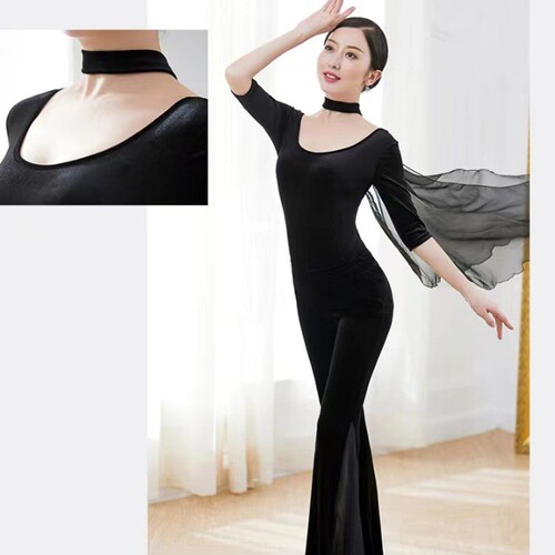 Autumn/Winter Velvety Silk Body Suit Set for Women, Etiquette Training, Fashion Show Posture, Elegant Practice Dress, Dance Scarf
