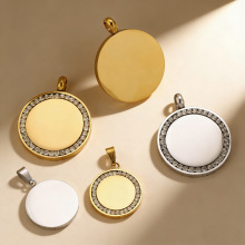 跨境不锈钢个性光面镶钻圆牌吊坠 可diy刻字空白圆牌挂牌饰品配件