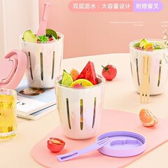 メーカーのフォーク付きサラダカップ、ポータブル排水カップ、二層テイクアウトピクニックボックス、密封されたサラダフルーツカップ