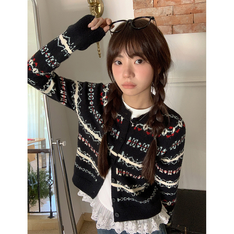 费尔岛穿搭氛围感长袖针织女2025年春秋季高级感提花开衫毛衣外套|undefined