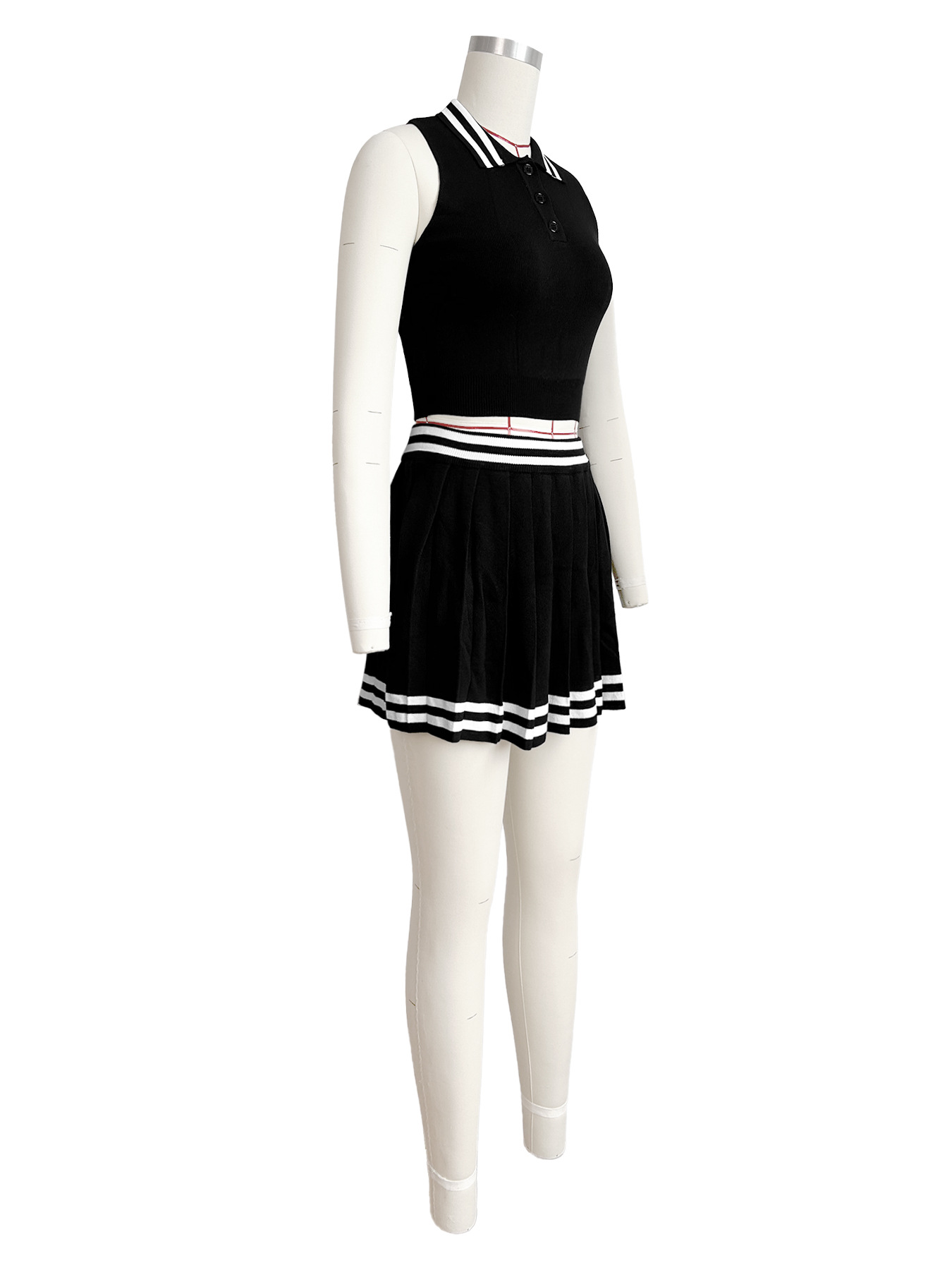 Women Clothing Woolen Collared Breasted Striped Tight Pleated Skirt Set