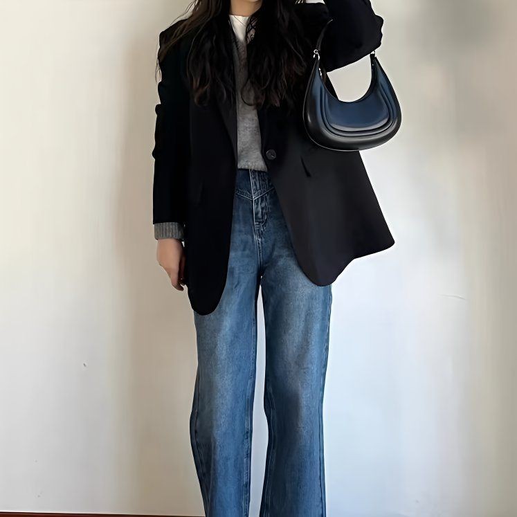 Damen Blazer Grau In Mid-length Für Frühling Herbst Locker Leicht_voghion.com