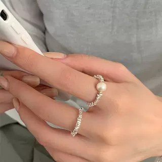 网红碎银珍珠戒指女弹力手作串珠S925银几何指环ins食指戒潮