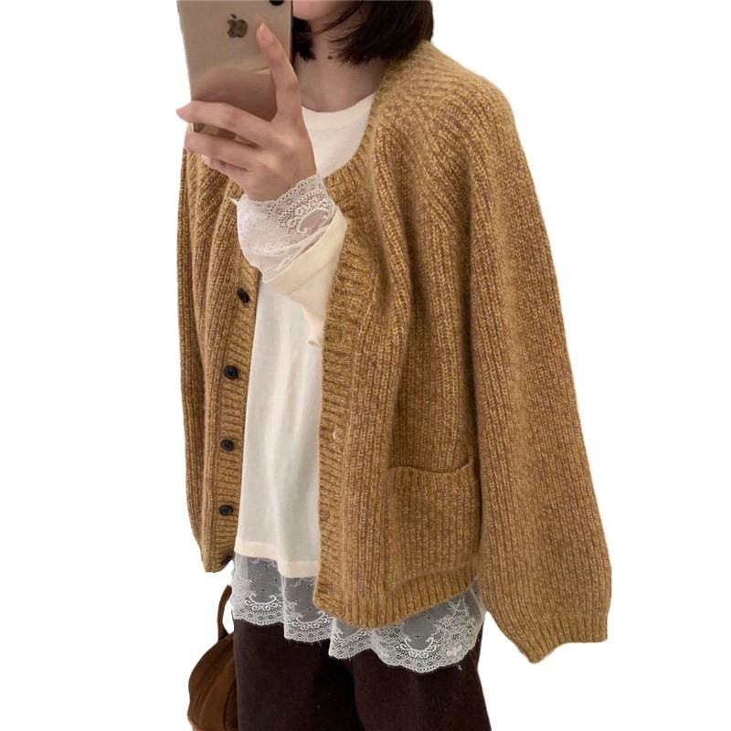 Demi-season solid knitted fashionable cardigan with a round collar