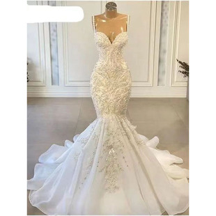 New African Bride Mermaid Wedding Dress Fishtail Beaded Lace Strapless Strap Wedding Dress Summer