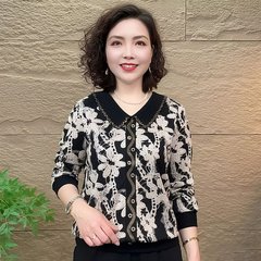 一件代发简约百搭2025秋季新款时尚娃娃领拼色印花长袖打底衫上衣