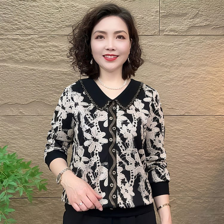 一件代发简约百搭2025秋季新款时尚娃娃领拼色印花长袖打底衫上衣|undefined