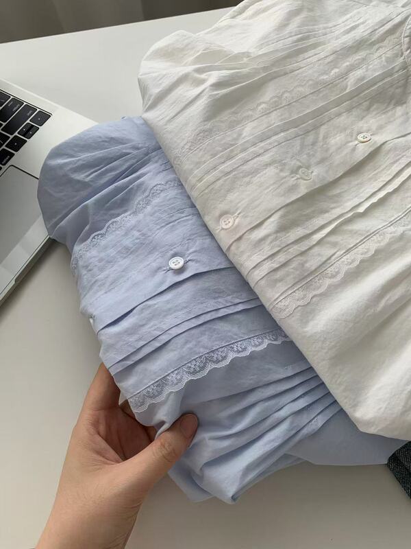 法式甜美捏褶花边圆领白色衬衫女文艺复古灯笼长袖纯棉衬衣开衫秋|undefined