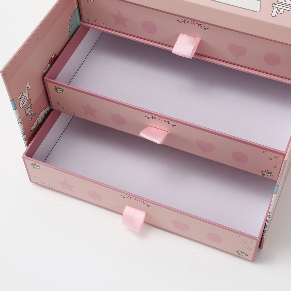 Caja de regalo de doble puerta de dibujos animados Caja de almacenamiento de joyas de chicas Caja de embalaje de regalos Caja de transporte de tres capas Caja al por mayor