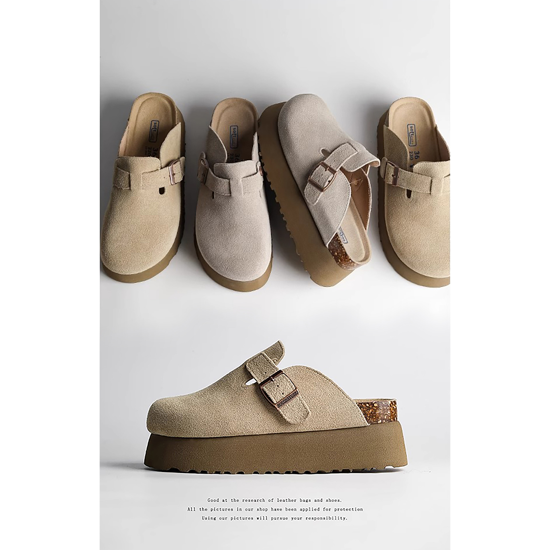 Sanxi's Same Style 6.5cm Inner Heightening Genuine Leather Thick-Soled Birkenstock Shoes for Women's Spring Outer Wear Baotou Cork Birkenstock Slippers