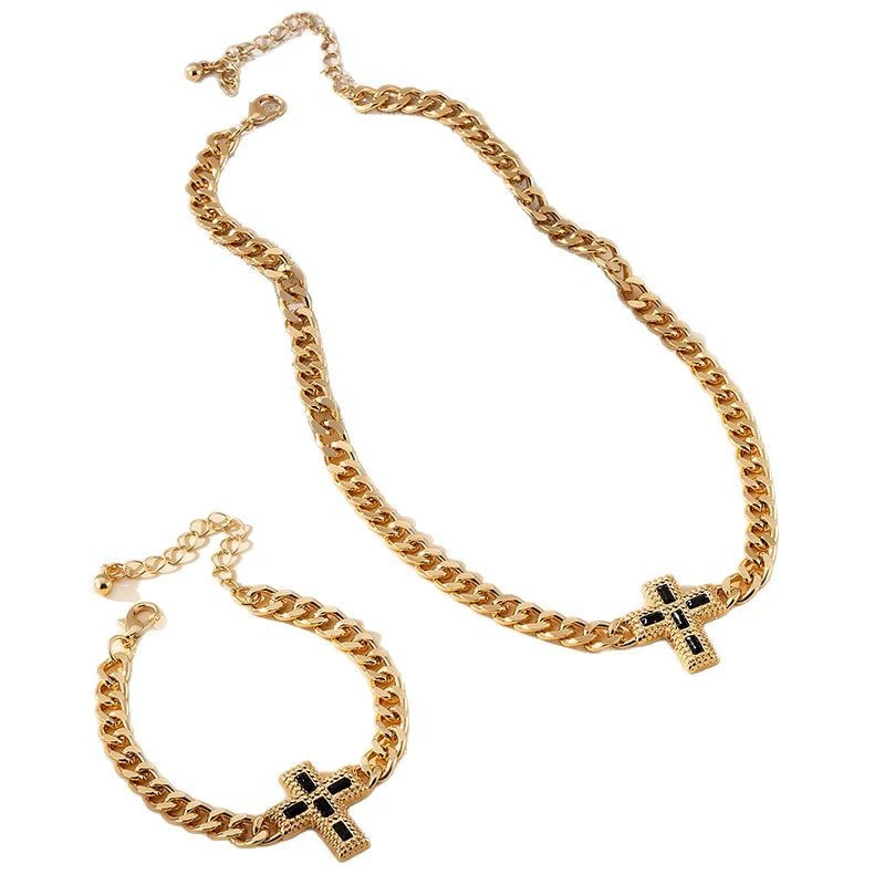 Joyas transfronterizas europeas y estadounidenses nicho de moda cruzada collar pulsera personalidad universal conjunto de joyas de cadena gruesa image 6
