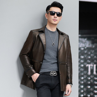 Wax Leather Coat Collar Autumn Oil Coat Thin Sheepskin Sheepskin Jacket Suit Jacket Medium Long Sheep Tide Leather Real