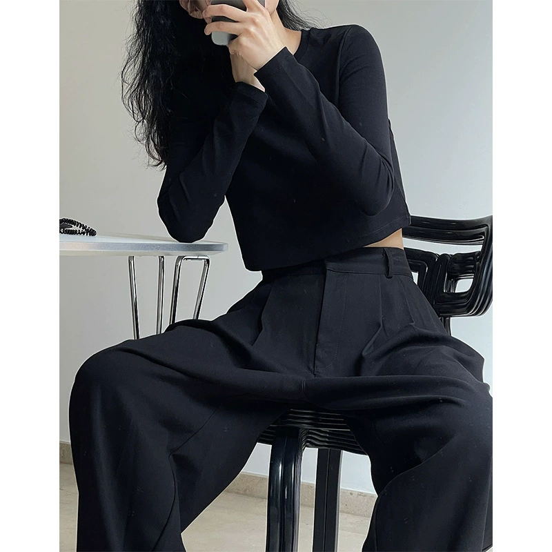 Ранняя осень, новый корейский стиль, простой однотонный футболка с длинными рукавами, повседневный короткий топ с открытым пупком для женщин