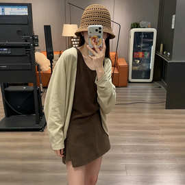 韩系休闲棉感长袖披肩开衫背心两件套女2026秋季新款百搭显瘦套装