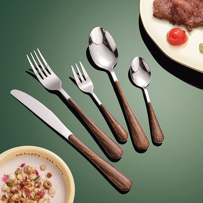 クロスボーダー1010ステンレス食器クリップ柄木目ナイフフォークスプーン5点セット家庭用韓国式ステーキナイフフォークセット|undefined