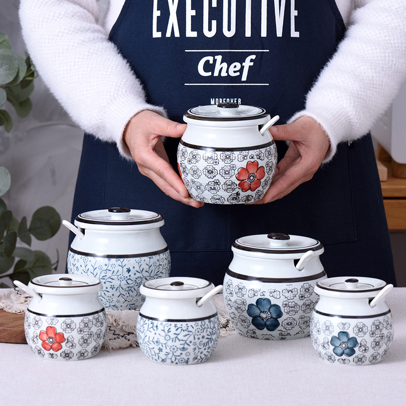 一件代发盐罐耐高温猪油罐糖酱料辣椒油泼辣子罐调料罐盒陶瓷盖勺